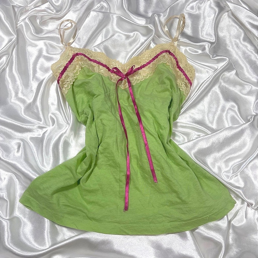 y2k Damsel Cami Top Green Excellent Lace Trim Pink Ribbon Bow Fairycore Camisole